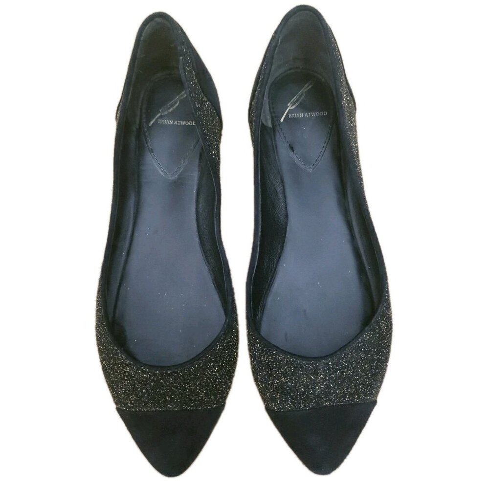Brian Atwood Avignon Flats Shoes Black Suede Glitter 7.5 EU 38